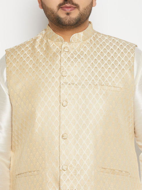 Vastramay Men's Plus Size Cream and Gold Jacquard Nehru Jacket